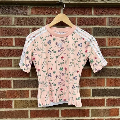 Adidas Baby розовый цветочный 3 полоски Crewneck короткий рукав спортивный топ - Изображение 1 из 4