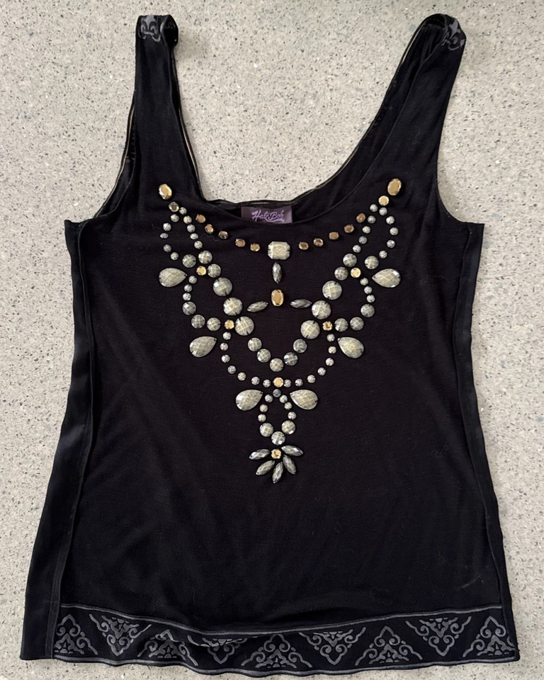 Camiseta sin mangas Hale Bob negra adornada dobladillo damasco boho mediana M Foto 1 de 3