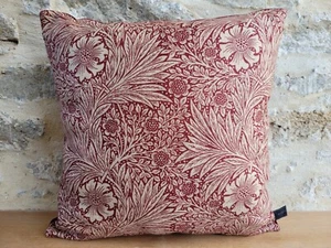 William Morris Marigold Fabric Linen Brick Red & Wine Velvet Cushion Cover - Picture 1 of 20