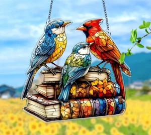 Hologram Stained Glass Bird Ornament – Cardinal & Bluebird on Books Decor - Picture 1 of 2