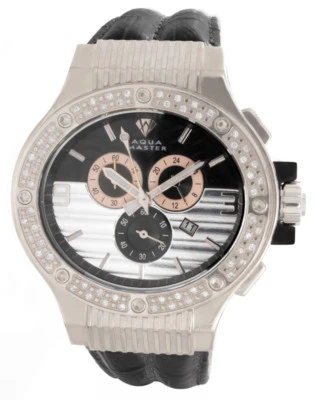 1ct Aqua Master Men's Silver-tone Case Black Dial Diamond Bezel  Watch W206 - Image 1 of 2