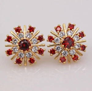 3Ct Lab Created Garnet Cluster Stud Women's Gift Earrings 14K Yellow Gold Finish - Picture 1 of 7