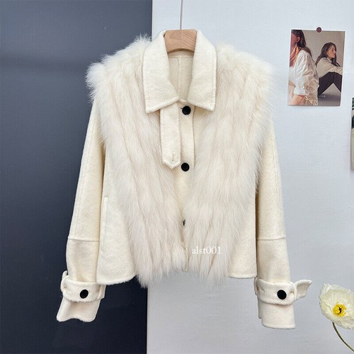 OFF WHITE Cappotto corto donna lana pelliccia di volpe vera pelliccia invernale nuovo bottoni risvolto colletto giacca