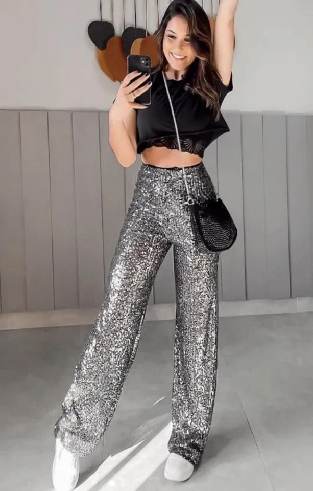 ZARA DARK SILVER GREY SEQUINNED FLARED LEGGINGS TROUSERS SIZE S REF 3028/223