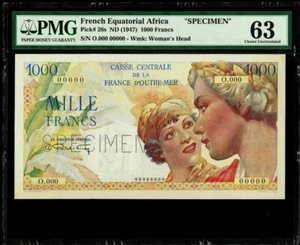 French Equatorial Africa 1000 Francs ND (1947) Pick 26s Specimen PMG 63 UNC - Picture 1 of 2