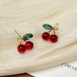 Cute Red Cherry Fruit Stud Earrings Simple Jewelry Women Girl Gift Golden Toned - Picture 1 of 4