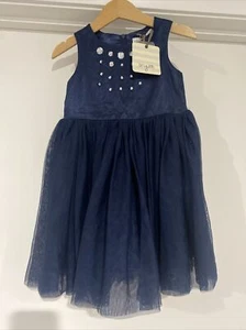 BNWT Girls Origami Navy Blue Dress With Gems And Tulle Skirt Size 2 - Picture 1 of 7