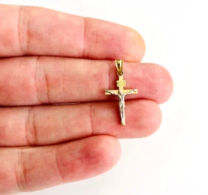 14K Solid Gold Jesus Christ Cross Pendant 25mm Small 2T Gold INRI Crucifix- PT45 - Picture 1 of 7