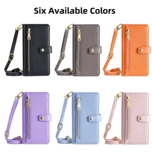 Genuine Leather Case For LG G7 G8 ThinQ K52 Q70 Magnetic Shoulder Strap Wallet - Picture 1 of 21