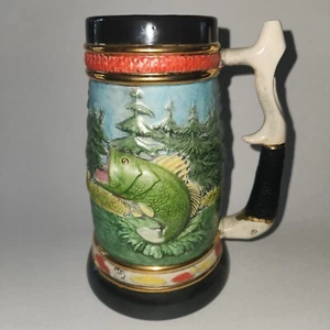 Seltener Vintage Keramik Bierkrug Stein Barsch Angeln Fischer Fluss doppelseitig   - Bild 1 von 8