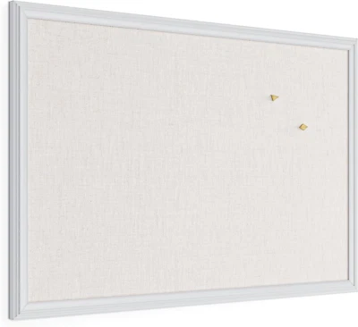 Farmhouse Linen Bulletin Board, 30"X20", White Wood Style Frame, Includes Push P - Image 1 of 4