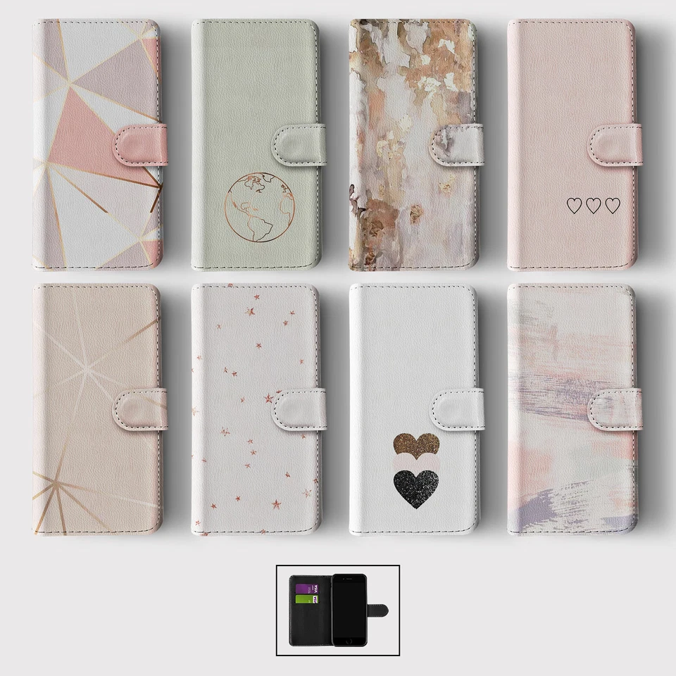 CASE FOR IPHONE 16 15 14 13 12 11 SE WALLET FLIP PHONE COVER ROSE GOLD GEOMETRIC - Image 1 of 1