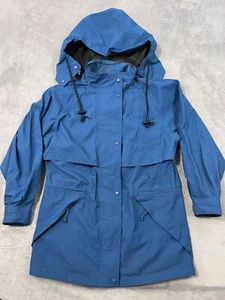 Giacca antipioggia vintage Eddie Bauer donna piccola blu acqua ventilata full zip con cappuccio - Foto 1 di 14