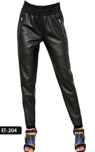 Genuine Soft Lambskin Leather Elastic Waist Welt Pocket Skinny Sweat Pants - Picture 1 of 3