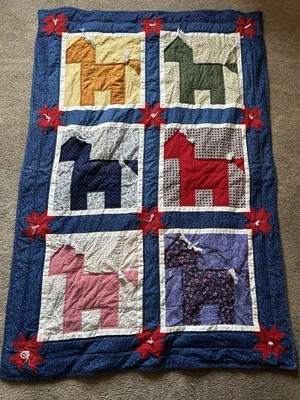 Edredón vintage casero retazos niños pequeños caballos ponis 38 X 54 pulgadas usado en excelente estado Foto 1 de 4