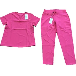 New Mandala Large Azalea Scrub Slim Pant Set, Curved V-neck Top Pockets (T3-15) - Picture 1 of 16