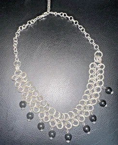LADIES SILVER CIRCLE BLACK TWO STRAND BEADED NECKLACE WITH MATCHING EARRINGS-EUC - Picture 1 of 5