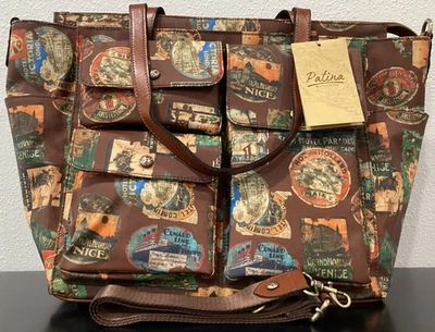 Patricia Nash Sorlana Travel Sticker Travel Tote Canvas Leather 19"x13"x7" P2 - Image 1 of 4