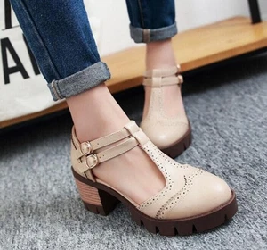 Womens Ladies  Block High Heel Mary Jane Round Toe Oxford Retro Shoes - Picture 1 of 12