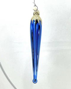 Vintage geriffelt blau Tropfen dünner Eiszapfen Glas Weihnachtsschmuck West Germany - Bild 1 von 5