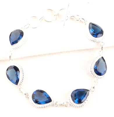 Pulsera de joyería hecha a mano de plata de ley 925 con piedras preciosas de topacio azul de Londres de 8" Foto 1 de 4