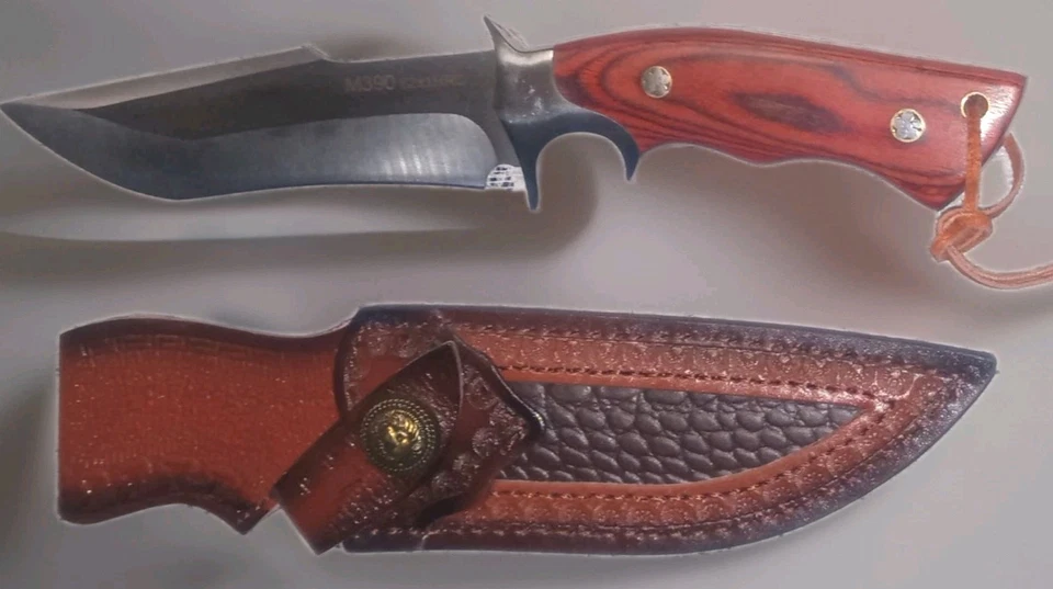 Cuchillo de caza de acero M390, espiga completa con funda de cuero al aire libre afilado hermoso  Foto 1 de 4