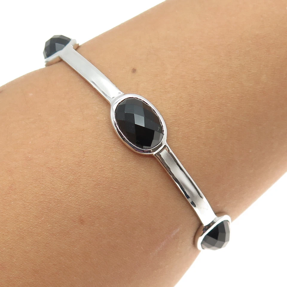 CHARLES GARNIER Sterling Silver Real Black Onyx Station Bangle Bracelet 8.25" - Image 1 of 4