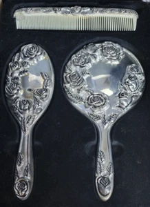Vintage Godinger Vanity Dresser Set 3 Piece Silver Plated Hand Mirror Brush Comb - Picture 1 of 13