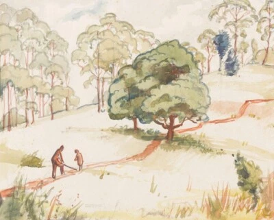 Landscape with Figures – Eveline Winifred Syme 1929 Australian Modernist Woodcut - Image 1 of 2