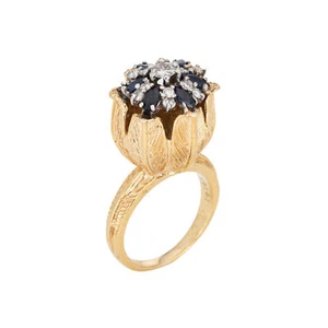Sapphire Diamond Tulip Ring Vintage 18k Yellow Gold Stacking Band Sz 5.75  - Picture 1 of 7
