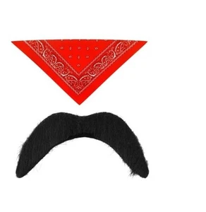Men Red Cowboy Fancy Dress Wild West Bandana Scarf Neck Tie With Tash Cow Boy - Picture 1 of 2
