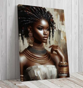 Beautiful Girl Afro Hair Golden Jewellery mounted canvas ready to hang - Picture 1 of 8