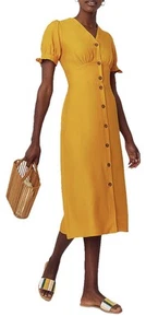 Oasis Ladies Midi Button Through Dress Yellow V-Neck Linen Blend Short Sleeve UK - Picture 1 of 5