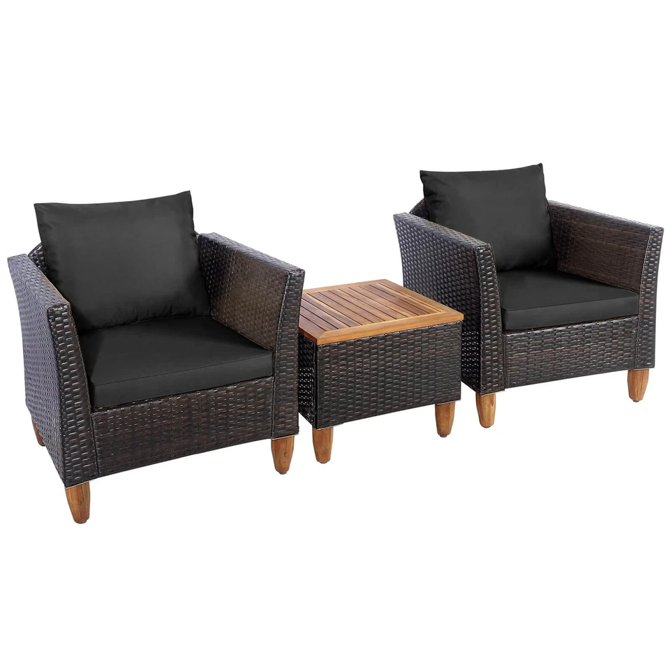 Costway 3 PCS Patio Rattan Bistro Furniture Set Wood Table Top Cushion Black