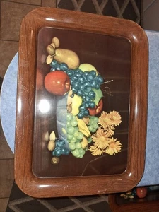 Set of 4 1950s  Bed TV Tray Folding Leg Lap Tray Brown Fruit Bowl Flowers 17x13 - Picture 1 of 3