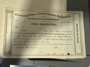 Vintage 1860’s “Cleveland, Painesville & Ashtabula Railroad Stock Certificate - Picture 1 of 4