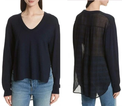 Suéter T By Alexander Wang Contraste Dobladillo Alto Bajo Lana Merino Cuadros Cuello en V M Foto 1 de 4