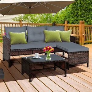 3PCS Outdoor Rattan Furniture Set Patio Couch Sofa Set w/ Cushion - Picture 1 of 10