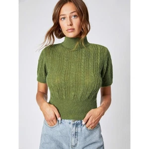 Apfelwein Wollmischung Struktur hochgeschlossen oliv Matcha grün Kurzarm Pullover Oberteil M - Bild 1 von 7