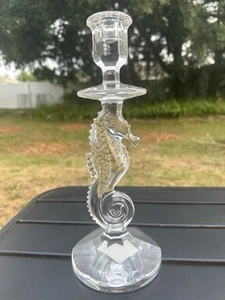Waterford Seahorse Crystal Candle Candlestick Holder Nautical Beach 11.5"X4.5” - Picture 1 of 15