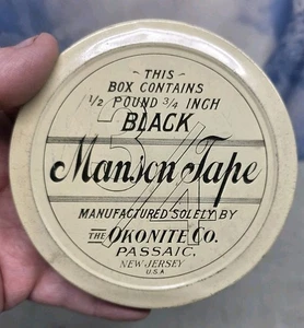 🔥Vtg Black 3/4" 1/2 Lb Manson Tape Round Carry Tin By The Okonite Co New Jersey - Picture 1 of 12
