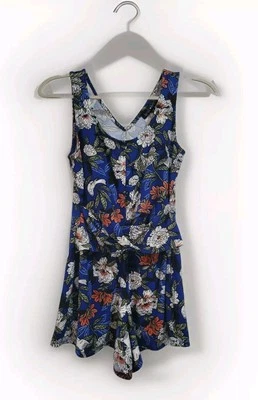 Derek Heart Romper Size Medium Blue Floral Print CrissCross Front Jumper Short - Image 1 of 4