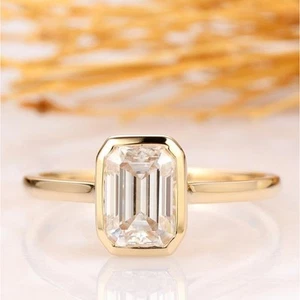2.00 Carat Emerald Cut Moissanite Dazzling Wedding Ring 14k Yellow Gold FN - Picture 1 of 10