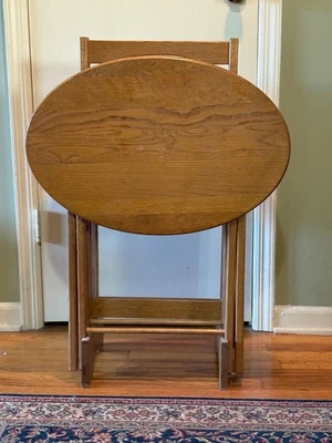 Set of Four Solid Oak Folding Tray Tables w/Storage Rack - Image 1 of 4