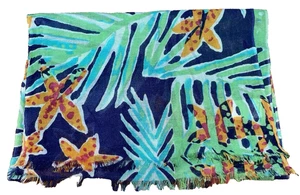 Lilly Pulitzer Scarf Silk Cashmere Blend Navy Green Tropical Print Fringe Island - Picture 1 of 8