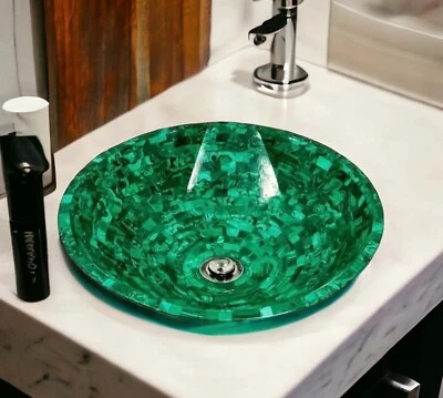 24" Round Malachite Stone Sink Luxury Bathroom Vanity Basin & Sink Handmade Deco - Image 1 of 4