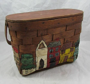 Vintage 70's Hand Painted Americana Wooden Basket Style Purse Handbag - Picture 1 of 12