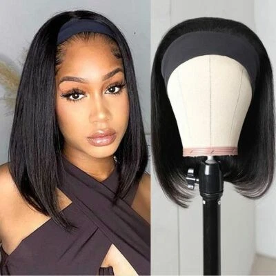 Short Bob Straight Black Synthetic Headband Wig Glueless Heat Safe Lazy Girl Wig - Image 1 of 4
