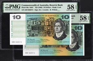 Australia 2 x 10 Dollars 40a R301 1966 Coombs Wilson PMG58 aUNC EPQ Banknote SET - Picture 1 of 5