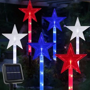 4PCS Red White Blue Star Lights with Lighted Stakes Solar 4th of July Decoration - Picture 1 of 7